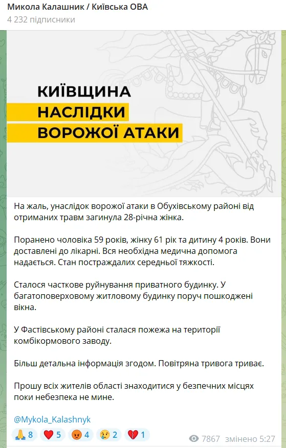 Росіяни атакували Київщину з повітря: від отриманих травм загинула жінка, є поранені tzixidzxidetzrz