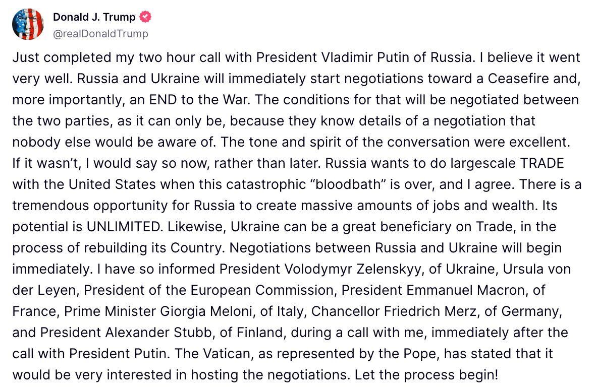 "Переговори між Україною і РФ мають початися негайно": Трамп підбив підсумки розмови з Путіним