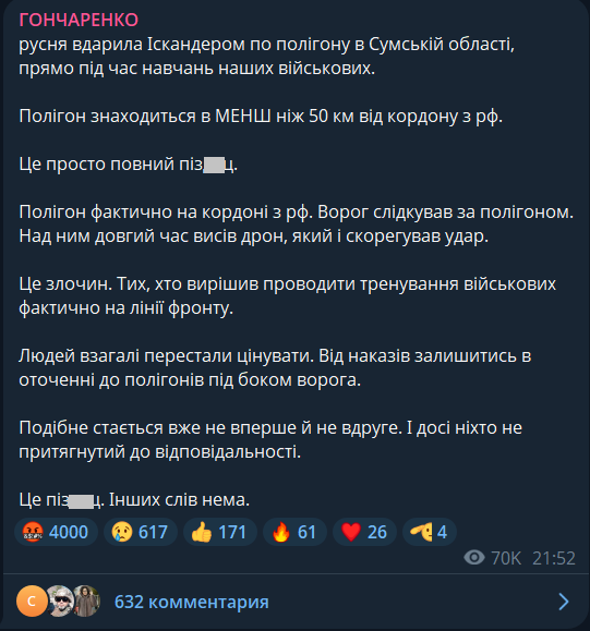 Россия нанесла ракетный удар по стрельбищу на Сумщине: погибли шесть военных, десять получили ранения