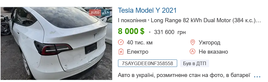 Цены на б/у TESLA в Украине