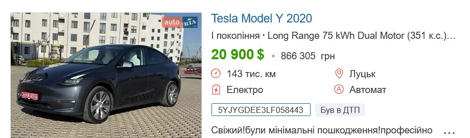 Сколько стоит подержанная TESLA в Украине