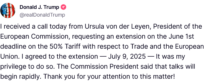 Трамп повідомив, що відкладе введення мит у 50% на імпорт товарів із ЄС