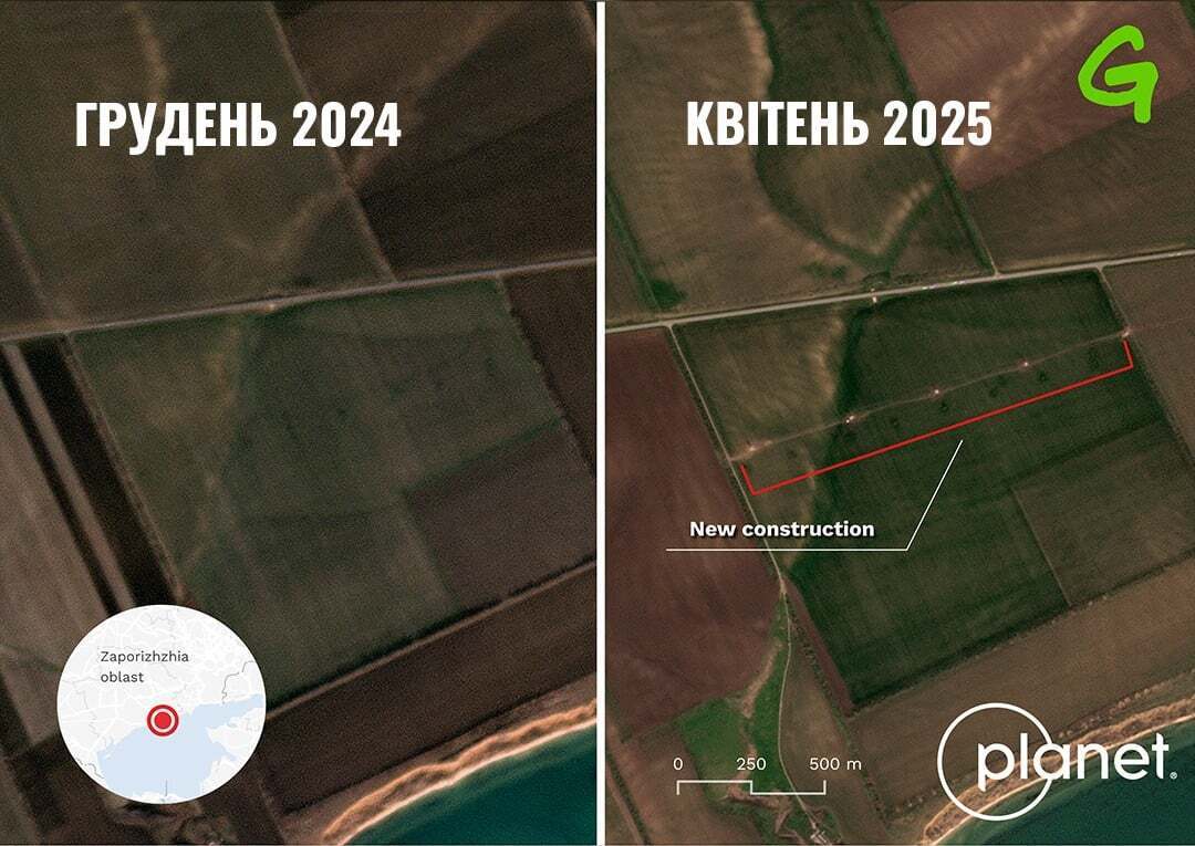 Супутниковий знімок лінії електропередачі, що будується Росією на тимчасово окупованій території України