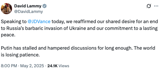 "Путин препятствует мирным переговорам, мир теряет терпение": глава МИД Британии обсудил с Вэнсом войну в Украине