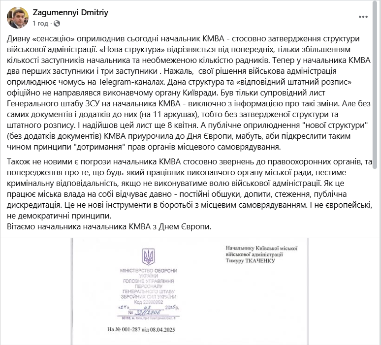 Ткаченко сообщил об утверждении структуры и штатного расписания Киевской ГВА: в КГГА отреагировали