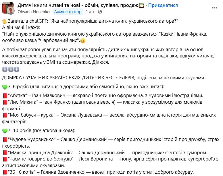 ChatGPT назвал самые популярные детские книги украинских авторов