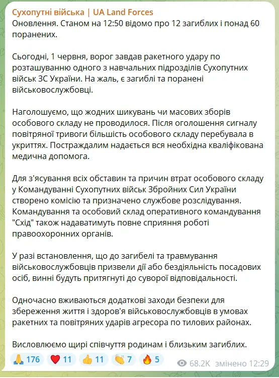 Війська РФ завдали ракетного удару по навчальному підрозділу ЗСУ: 12 загиблих, понад 60 поранених
