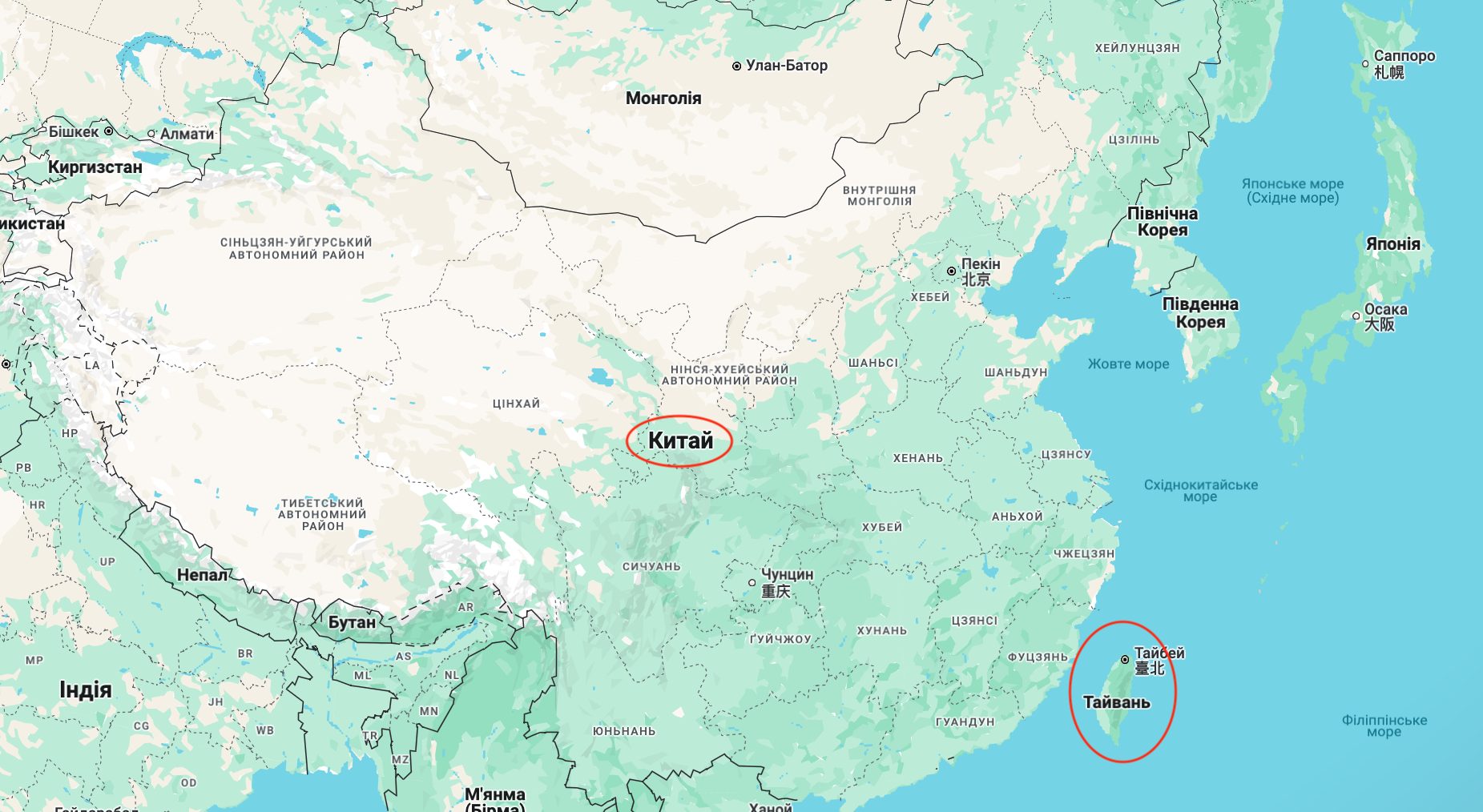 Китай и Тайвань на карте