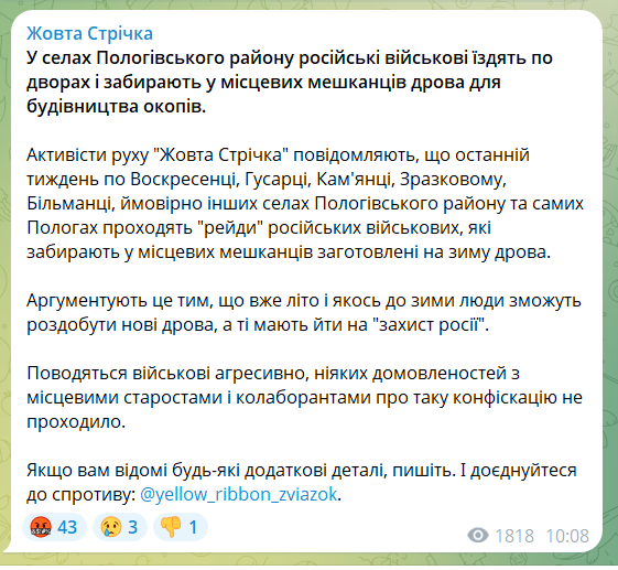 Ходят по дворам: на Запорожье оккупанты отбирают у жителей дрова для строительства окопов