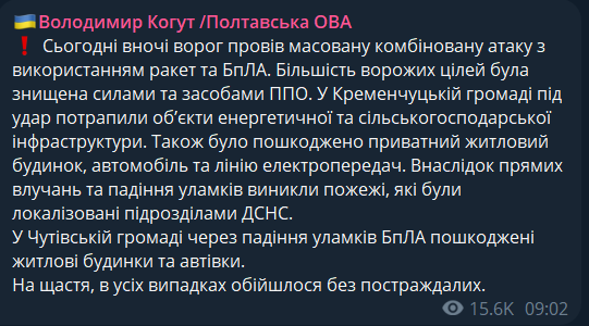 Били ракетами и дронами: последствия массированной атаки войск РФ на Полтавщину. Фото