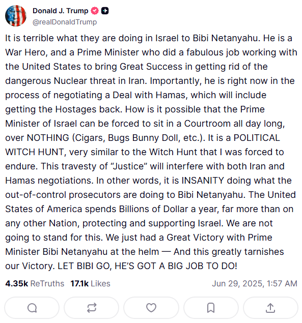 "Відпустіть Бібі": Трамп назвав Нетаньягу героєм війни, а суд – пародією на справедливість