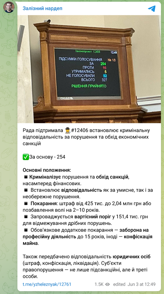 Народні депутати підтримали в першому читанні законопроєкт про кримінальну відповідальність за порушення та обхід економічних санкцій