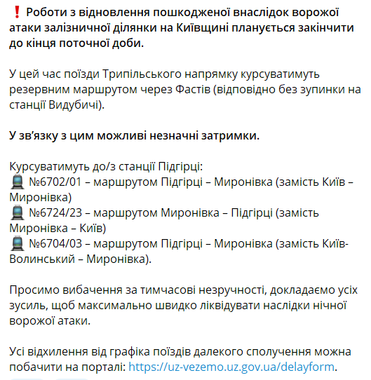 Оновлені дані про затримки поїздів