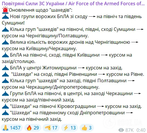 "Небо червоне": Росія запустила десятки "Шахедів" і ракети по Україні, було чутно вибухи. Подробиці