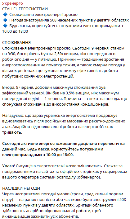 Допис "Укренерго" про ситуацію в енергосистемі України