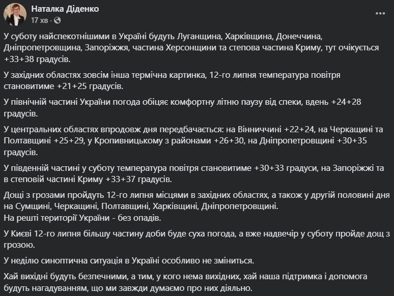 Спека буде не скрізь: синоптикиня уточнила прогноз на суботу і розповіла, де чекати дощів. Карта