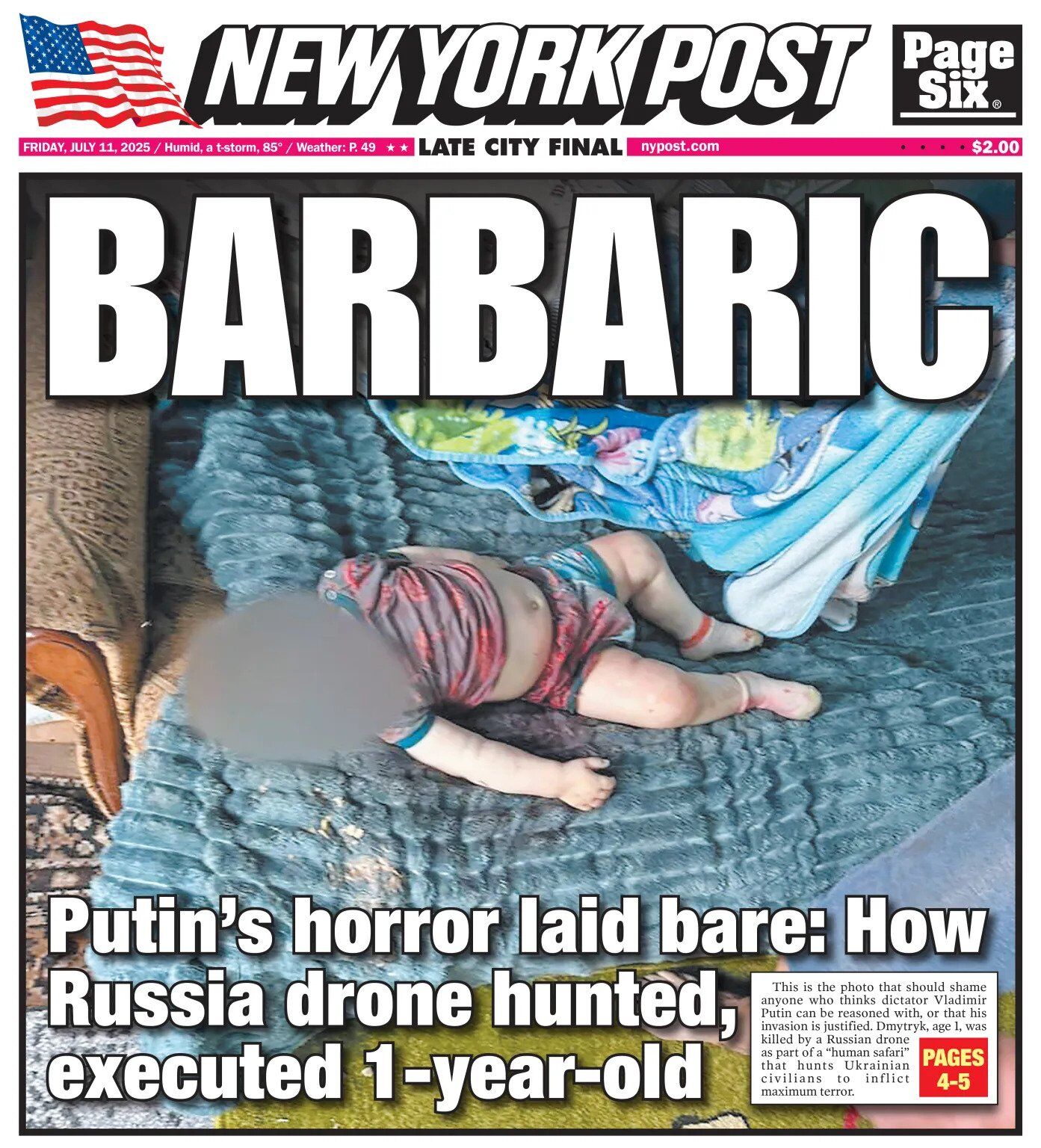 "Варварство": любимая газета Трампа поместила на обложку фото малыша, убитого российским дроном на Херсонщине