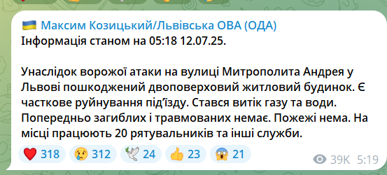Российские войска нанесли удары по Львову: есть пострадавшие, повреждены жилые дома, детский сад и предприятия. Фото