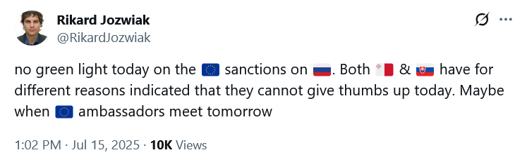 Словаччина і Мальта блокують 18-й пакет санкцій ЄС проти Росії