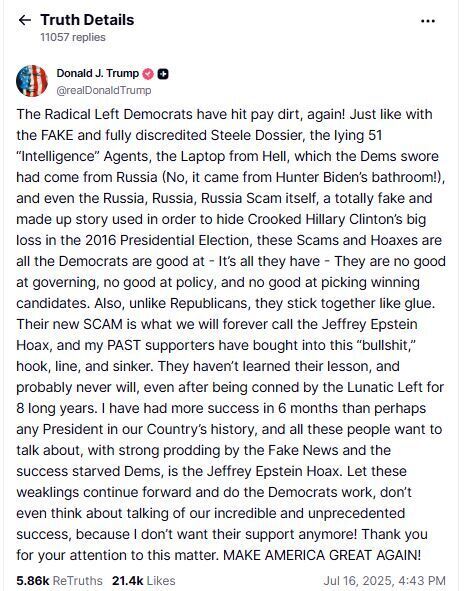 "Купилися на лайно демократів": Трамп розкритикував своїх прихильників через позицію щодо справи Епштейна