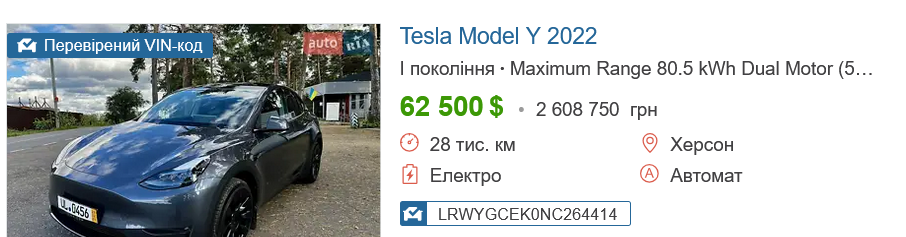 Скільки коштує TESLA Model Y