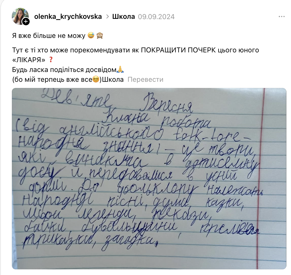 ''Відчепіться зі своєю каліграфією і не псуйте психіку дитині''. Мама українського школяра поскаржилась на його почерк, але її не підтримали