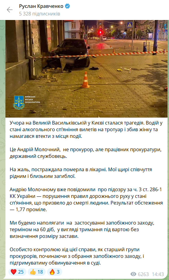 У лікарні померла жінка, яку в Києві збив працівник прокуратури Молочний