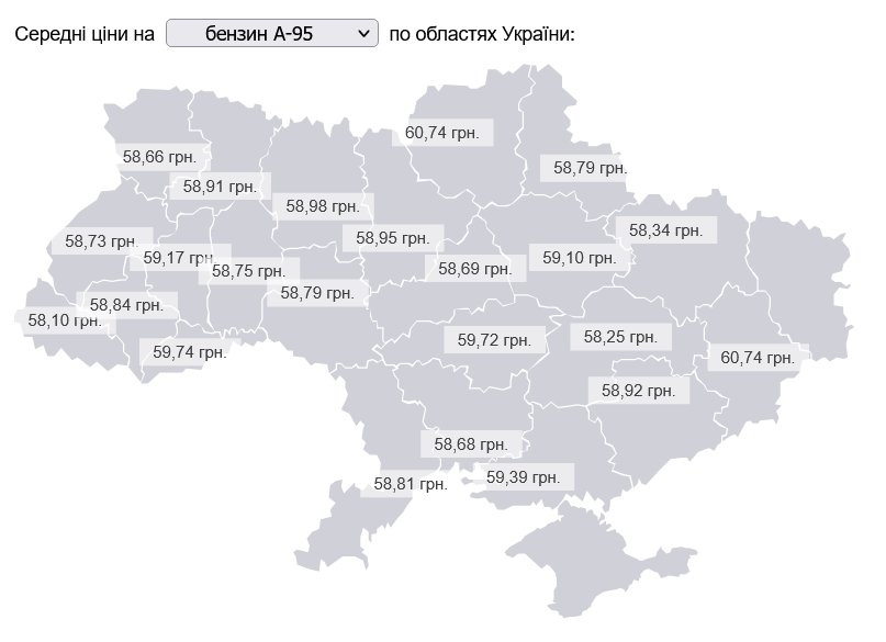 Цены на бензин А-95 по областях Украины