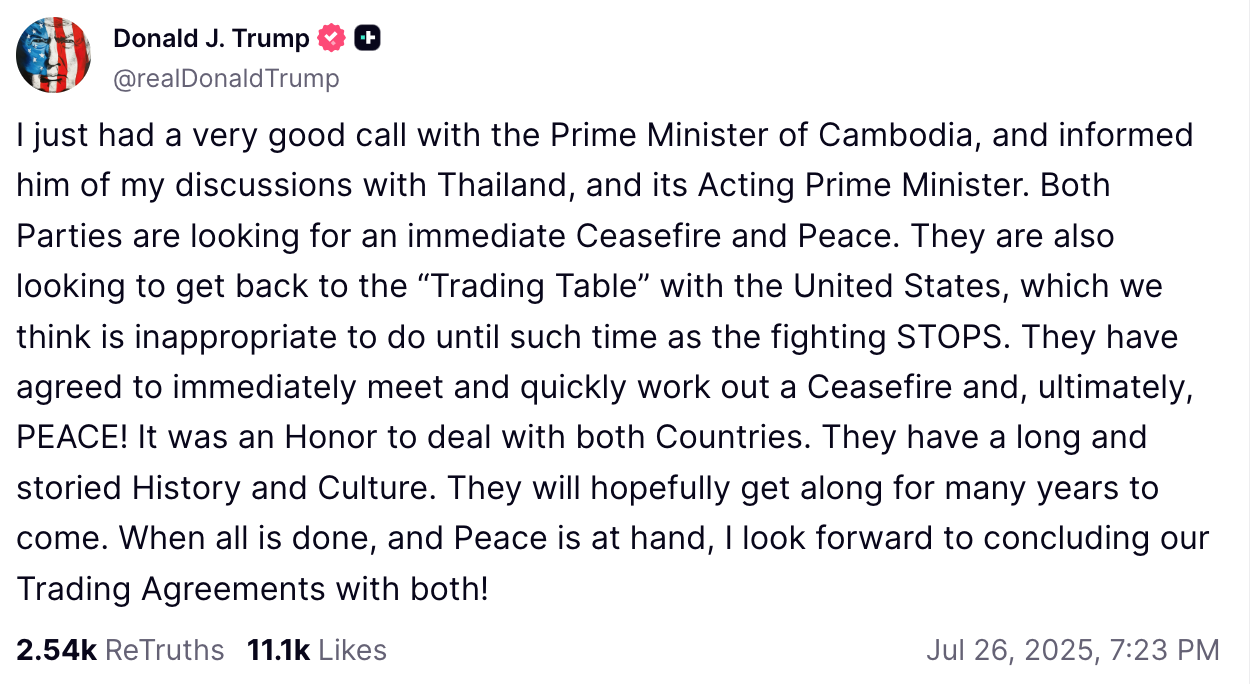 "Готові припинити вогонь": слідом за Україною Трамп кинувся мирити Камбоджу і Таїланд