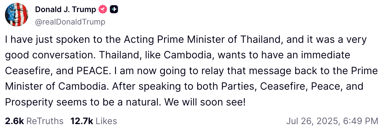 "Готові припинити вогонь": слідом за Україною Трамп кинувся мирити Камбоджу і Таїланд