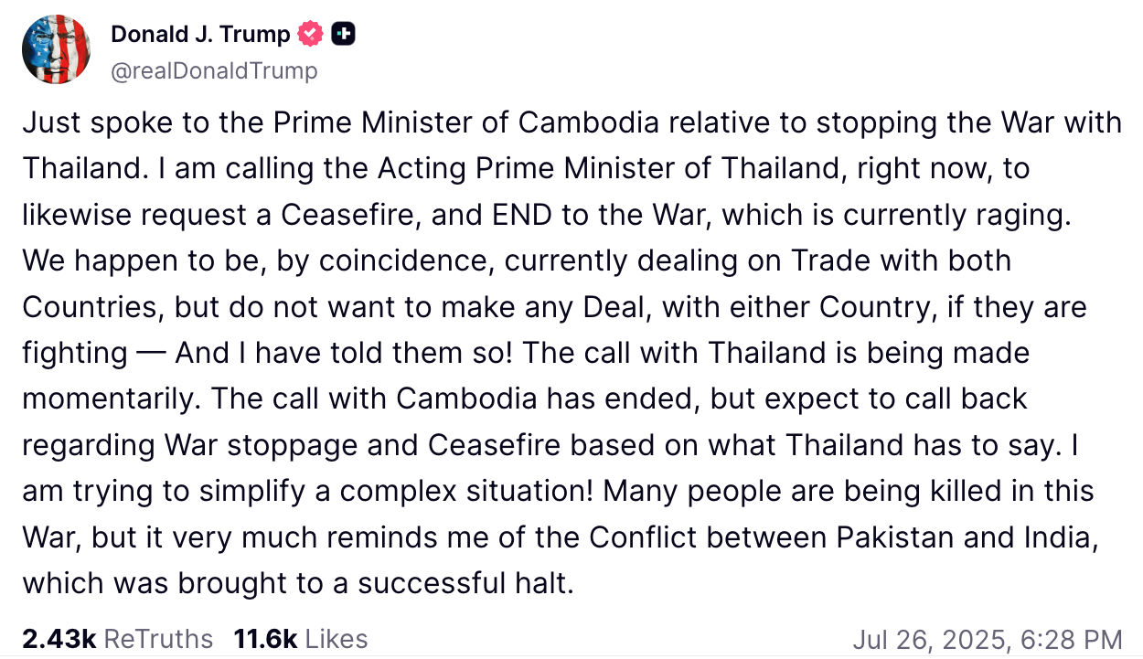 "Готові припинити вогонь": слідом за Україною Трамп кинувся мирити Камбоджу і Таїланд