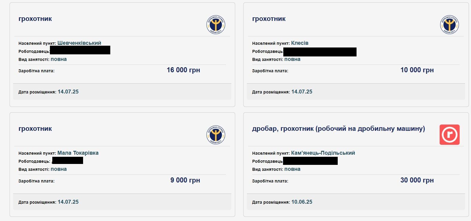 Вакансії для грохотника