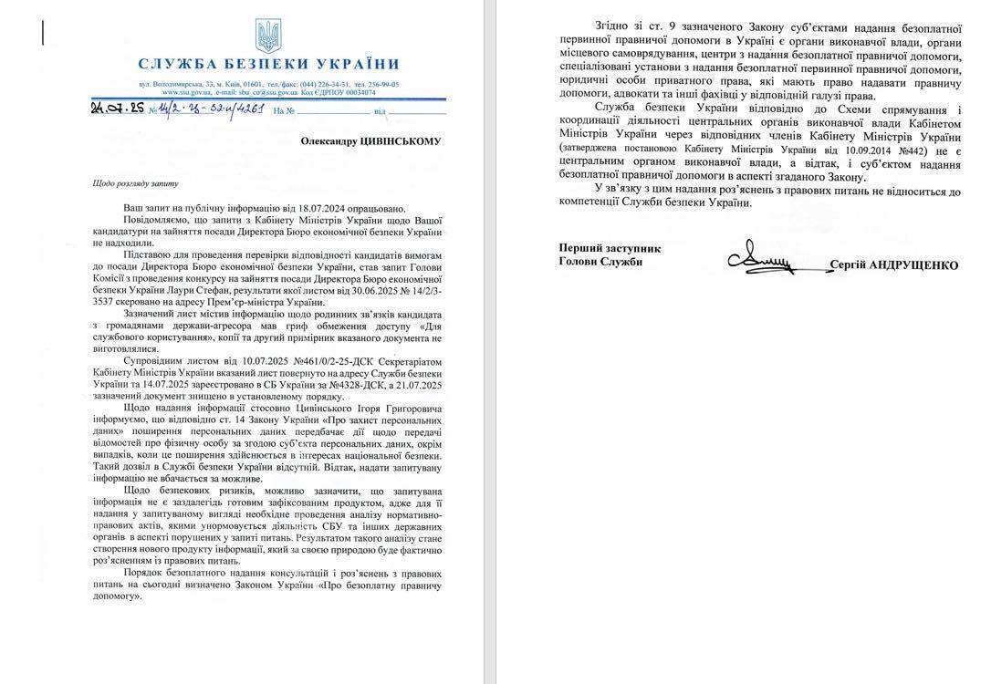 Відповідь СБУ на запит Цивінського