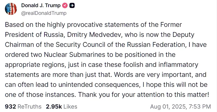 "Слова важны": Трамп объявил о размещении двух атомных подводных лодок "в соответствующих районах" в ответ на заявления Медведева