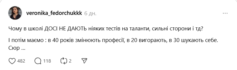 ''Люди в 20 років вигорають, а у 40 – змінюють професії''. Українці влаштували дискусію через ''тести на таланти'' в школі