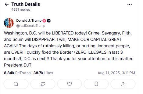 "Столицю захопили жорстокі банди": Трамп оголосив про розгортання Нацгвардії у Вашингтоні