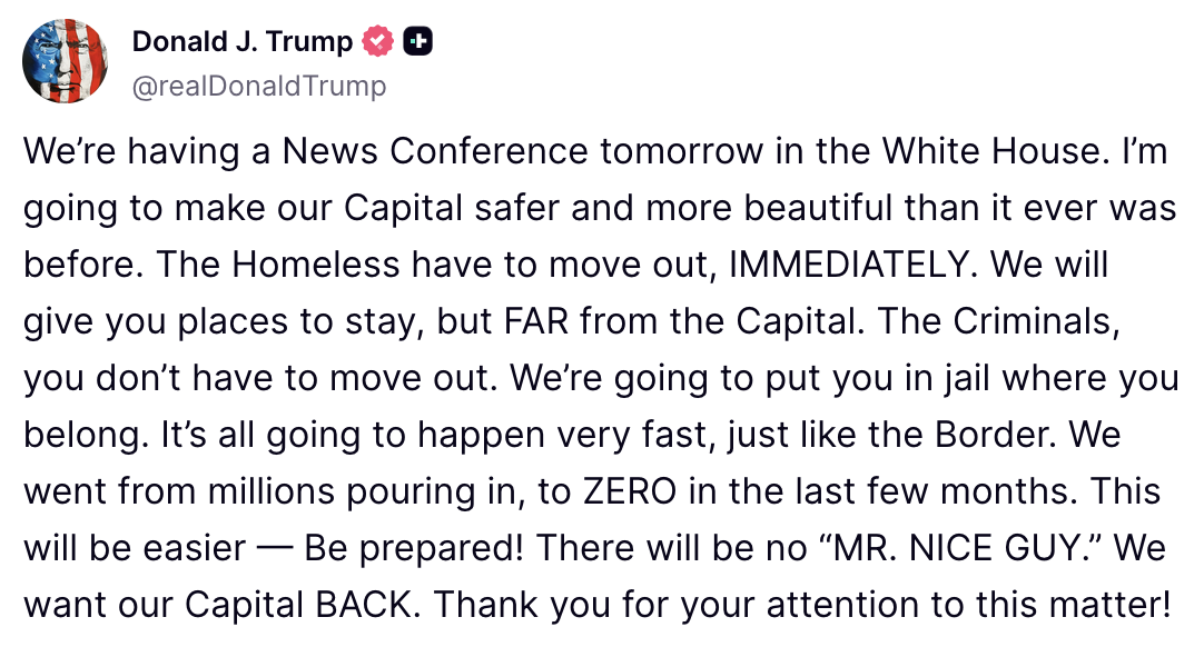 Бездомные должны уехать немедленно: Трамп похвастался планом "очистки" Вашингтона