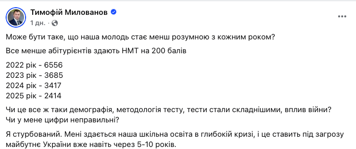 Кількість 200-бальників на НМТ зменшується четвертий рік поспіль, майбутнє України під загрозою, – Милованов