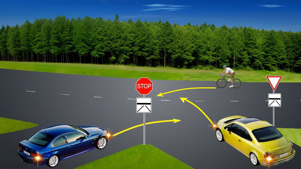 В каком порядке разъедутся на перекрестке автомобили и велосипедист? Задание по ПДД