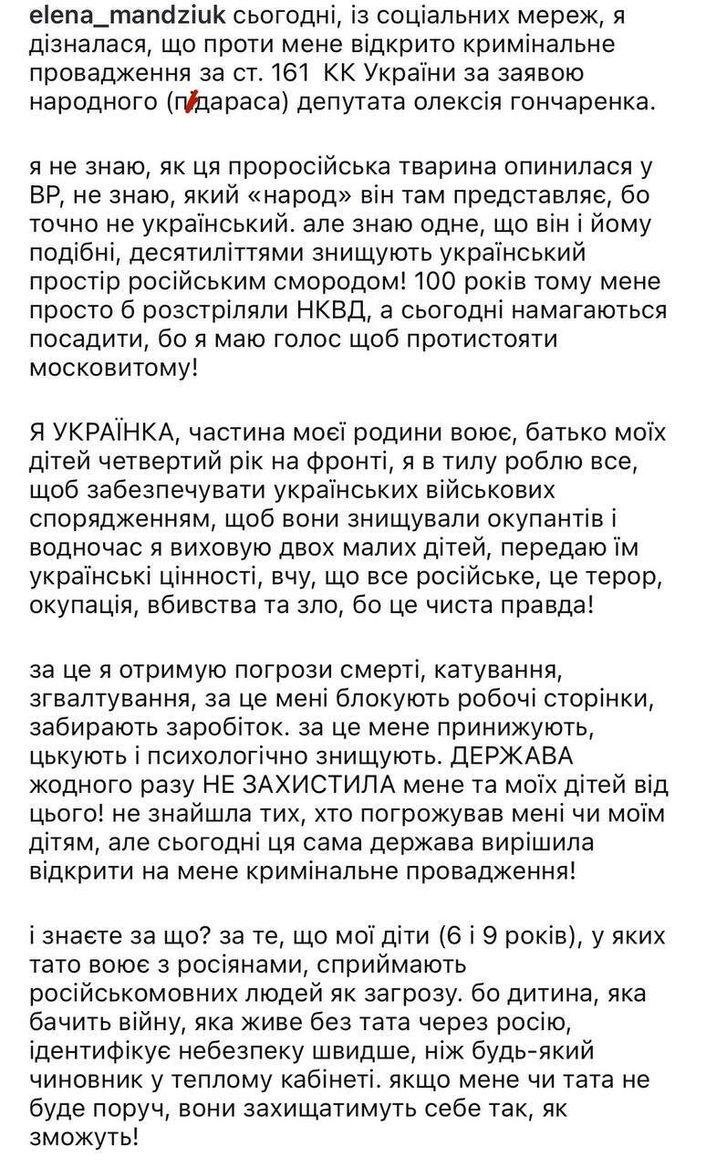 Щодо блогерки Олени Мандзюк відкрили кримінальне провадження: хто та в чому її звинувачує