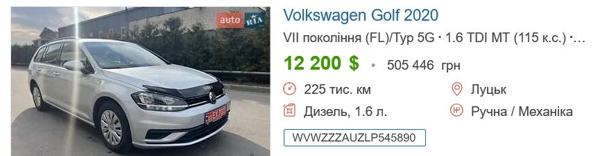 Скільки коштує б/в VOLKSWAGEN Golf