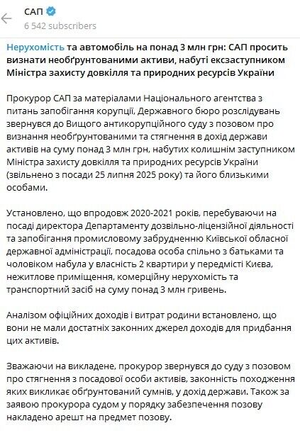 САП пропонує відібрати майно ексчиновниці.