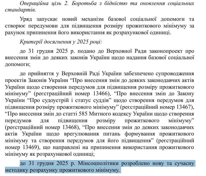 Витяг щодо прожиткового мінімуму з проєкту Плану уряду