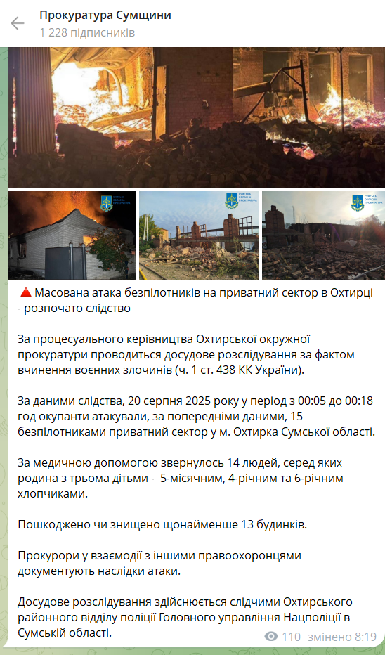 Росія атакувала дронами Охтирку на Сумщині: поранено 14 людей, серед них діти. Фото та відео