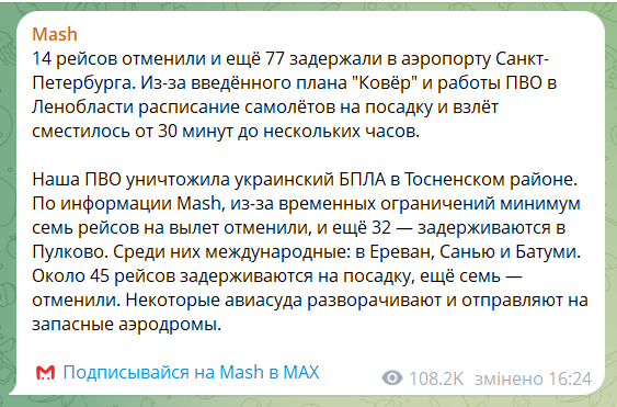 У Росії "застрягли" десятки рейсів через можливу атаку дронів