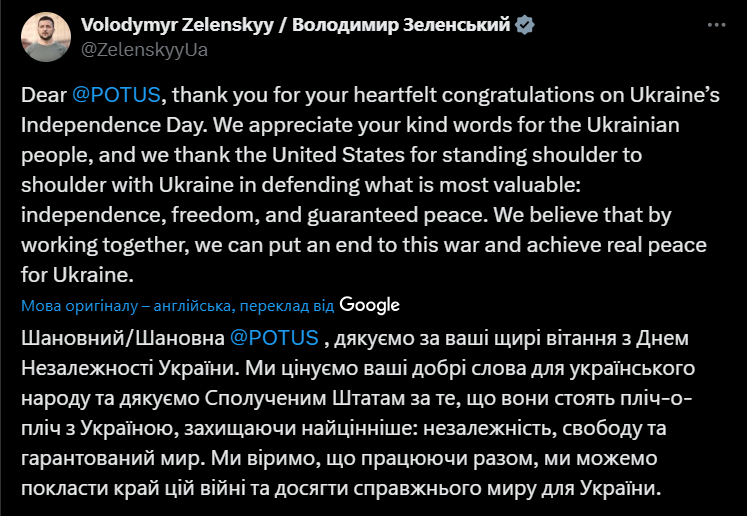 "Мы уважаем вашу борьбу": Трамп поздравил украинцев с Днем Независимости и назвал их несокрушимыми духом