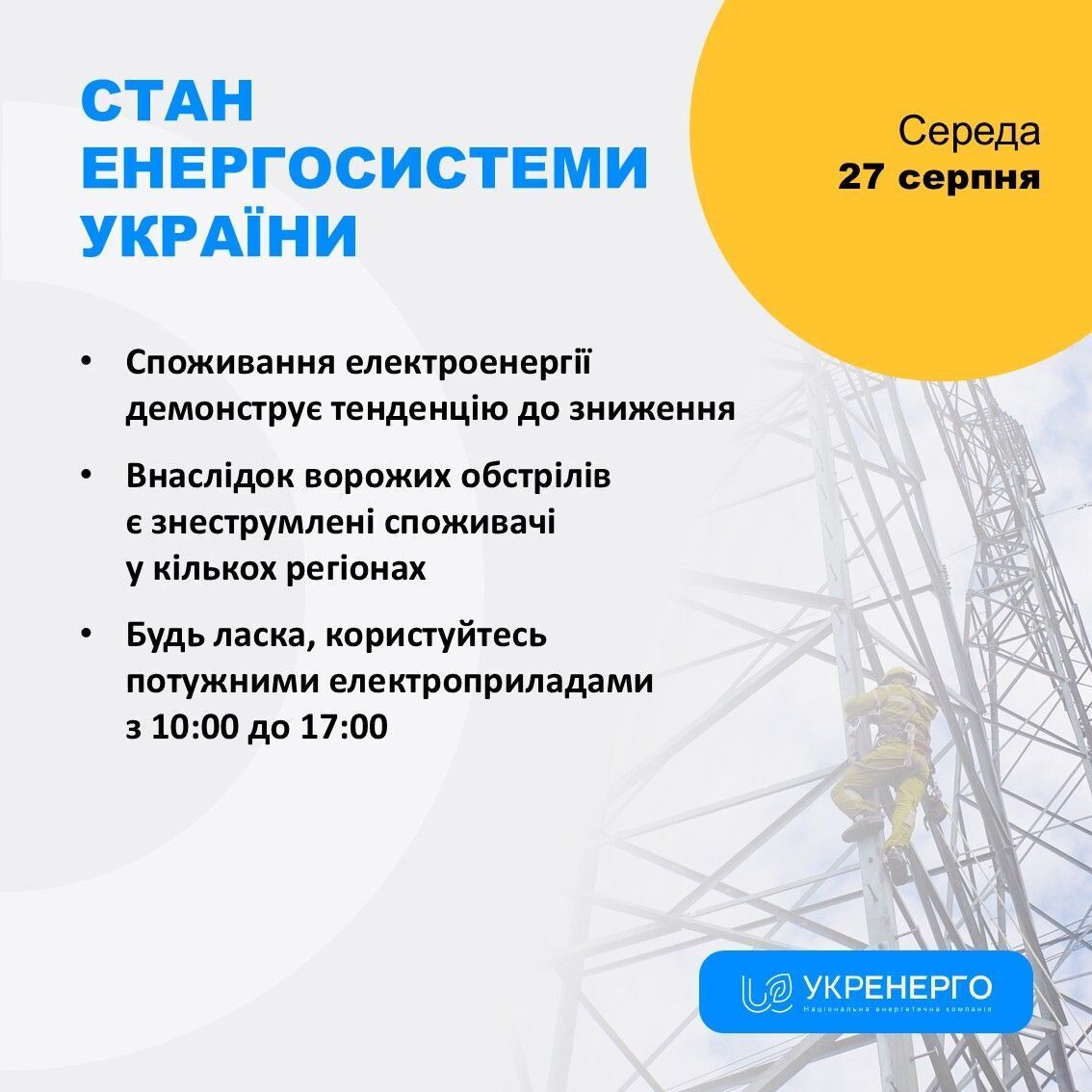 Ситуация в энергосистеме Украины 27 августа
