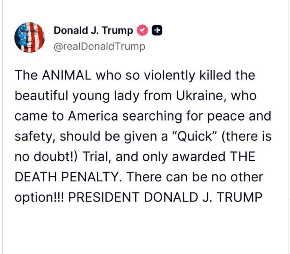 "Без жодних сумнівів": Трамп закликав засудити вбивцю українки Ірини Заруцької до смертної кари