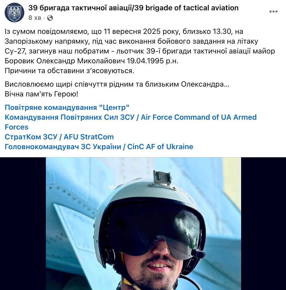 На Запорожье во время выполнения боевого задания разбился украинский Су-27: пилот погиб