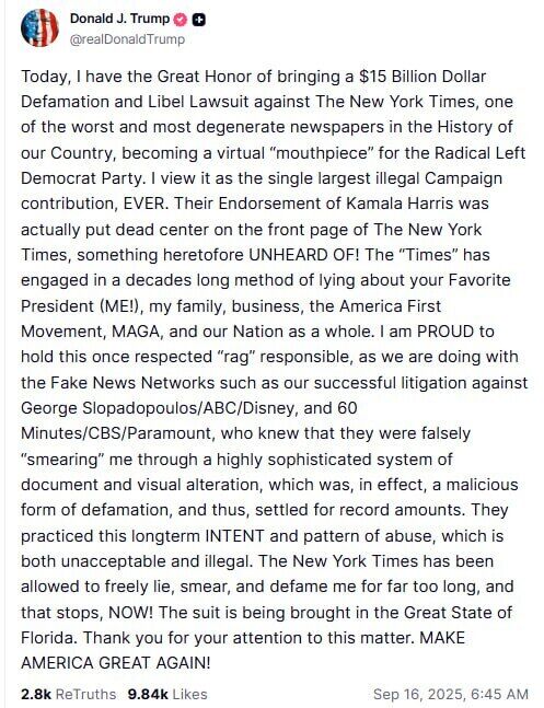 Трамп подав позов проти The New York Times на 15 млрд доларів: у чому причина
